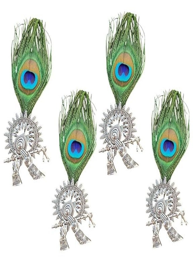 TRENDING HUT Traditional Krishna Devotional Brooch with Peacock Feather | Silver-Tone Metal Flute Design with Blue Crystal | Handcrafted Spiritual Pin for Wedding, Festive & Ethnic Use (4) - Image 1