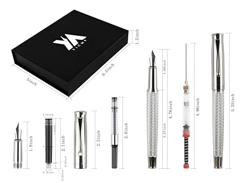 YICMY Fancy Fountain Pen Set – Fine & Medium Nibs, Includes 18 Ink Cartridges, Ink Converter, Syringe Filler, Luxury Gift for Writing, Journaling & Calligraphy，Silvery - Image 3