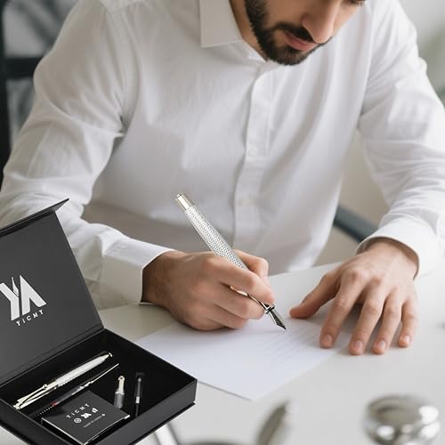 YICMY Fancy Fountain Pen Set – Fine & Medium Nibs, Includes 18 Ink Cartridges, Ink Converter, Syringe Filler, Luxury Gift for Writing, Journaling & Calligraphy，Silvery - Image 5