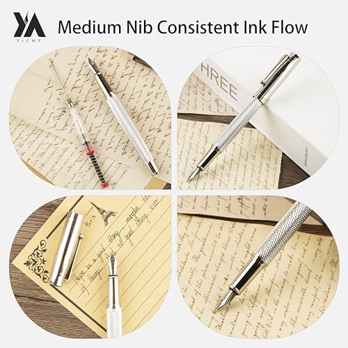 YICMY Fancy Fountain Pen Set – Fine & Medium Nibs, Includes 18 Ink Cartridges, Ink Converter, Syringe Filler, Luxury Gift for Writing, Journaling & Calligraphy，Silvery - Image 4