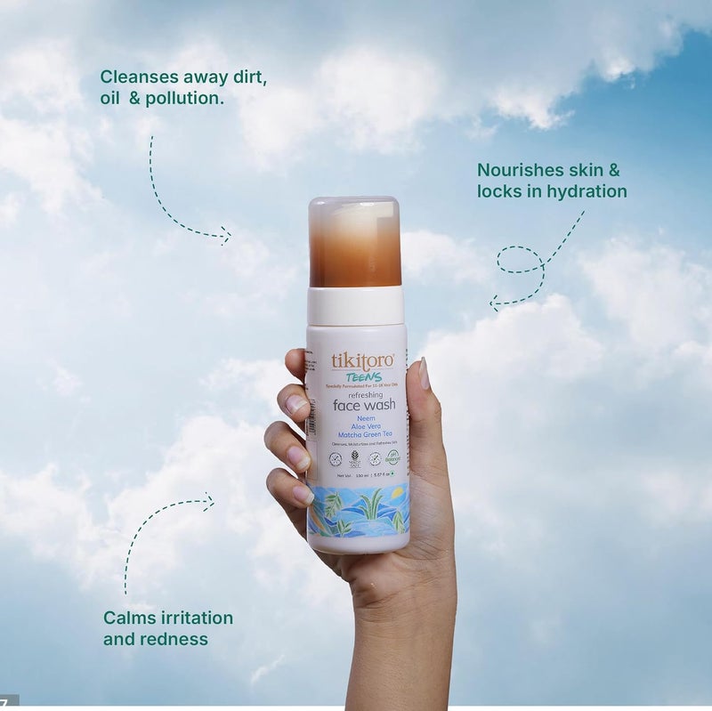 Tikitoro Teens Refreshing Face Wash 100 Vegan Neem Aloe Vera Matcha Green Tea Extract Cleanses Refreshes No Parabens Sulphates All Skin Types Age 11 150ml x of 1 - Image 3