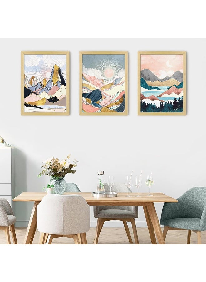 LIYAOLI Boho Geometric Wall Decor Wood Framed Wall Art for Living room 3 Panel 12 x 16 Inch Landscape Mountain Canvas Wall Art Home Modern Wall Decor for Bathroom - Image 1