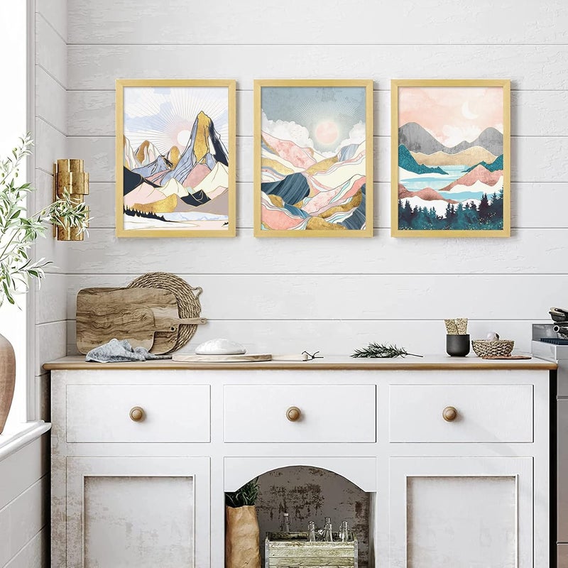 LIYAOLI Boho Geometric Wall Decor Wood Framed Wall Art for Living room 3 Panel 12 x 16 Inch Landscape Mountain Canvas Wall Art Home Modern Wall Decor for Bathroom - Image 4