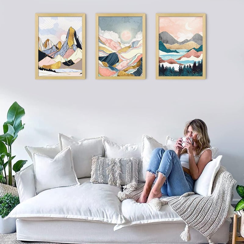 LIYAOLI Boho Geometric Wall Decor Wood Framed Wall Art for Living room 3 Panel 12 x 16 Inch Landscape Mountain Canvas Wall Art Home Modern Wall Decor for Bathroom - Image 2