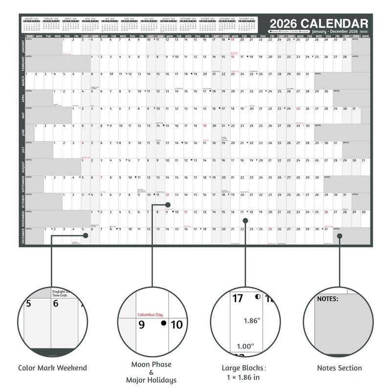 BowCuk 2026 Yearly Wall Calendar - Large Yearly Calendar 2026, Jan 2026 - Dec 2026, 38.2" x 25.2" (Open), 2026 Calendar 12 Month, Yearly Wall Calendar 2026 with Moon Phase, Notes, Thick Paper, Stickers, Grey - Image 3