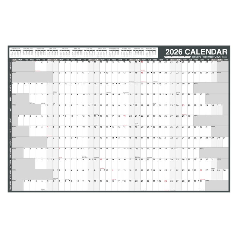 BowCuk 2026 Yearly Wall Calendar - Large Yearly Calendar 2026, Jan 2026 - Dec 2026, 38.2" x 25.2" (Open), 2026 Calendar 12 Month, Yearly Wall Calendar 2026 with Moon Phase, Notes, Thick Paper, Stickers, Grey - Image 1