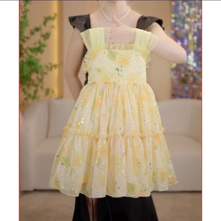 Girls Fashion dress 2024 Summer New Girls Floral Yellow Slip Dress Sweet Princess Dress Yellow