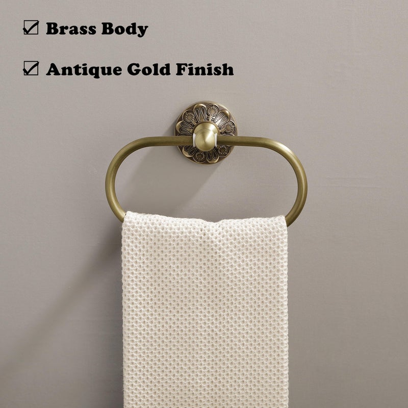 Lucyound Antique Gold Towel Ring, Oval Hand Towel Holder Wall Mount, Vintage Decorative Bathroom Accessories, Brass Petal-Relief Series - Image 2