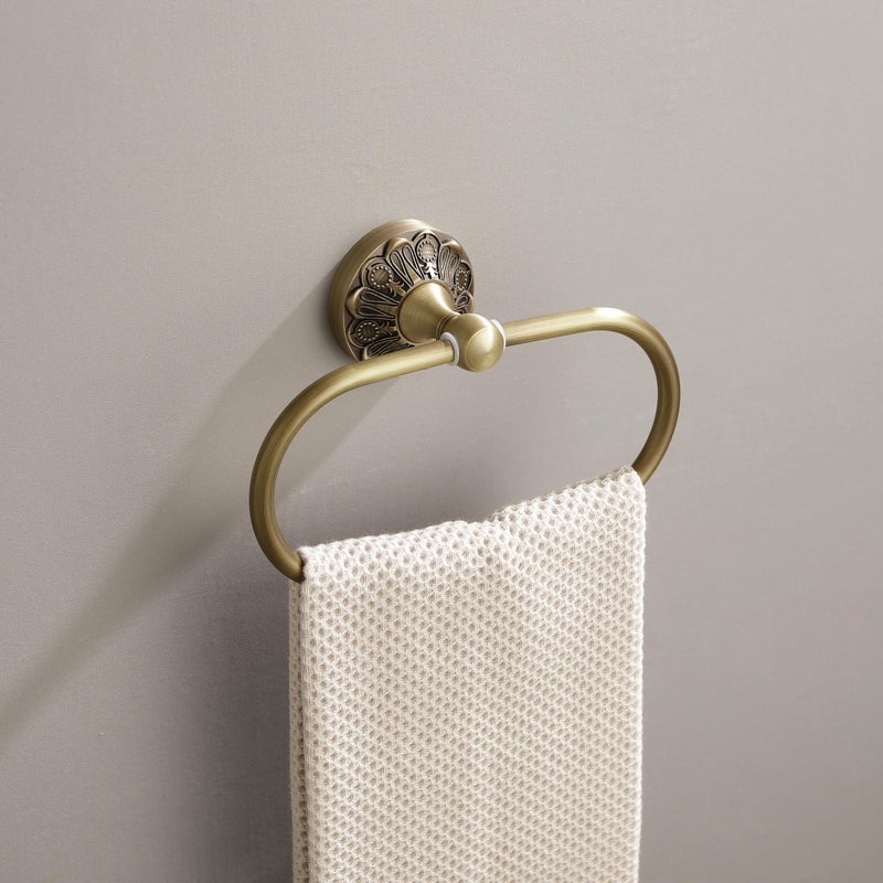 Lucyound Antique Gold Towel Ring, Oval Hand Towel Holder Wall Mount, Vintage Decorative Bathroom Accessories, Brass Petal-Relief Series - Image 3