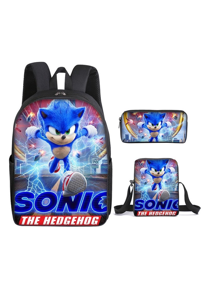Sonic student large capacity backpack three piece set, anime cartoon backpack, shoulder bag pen bag