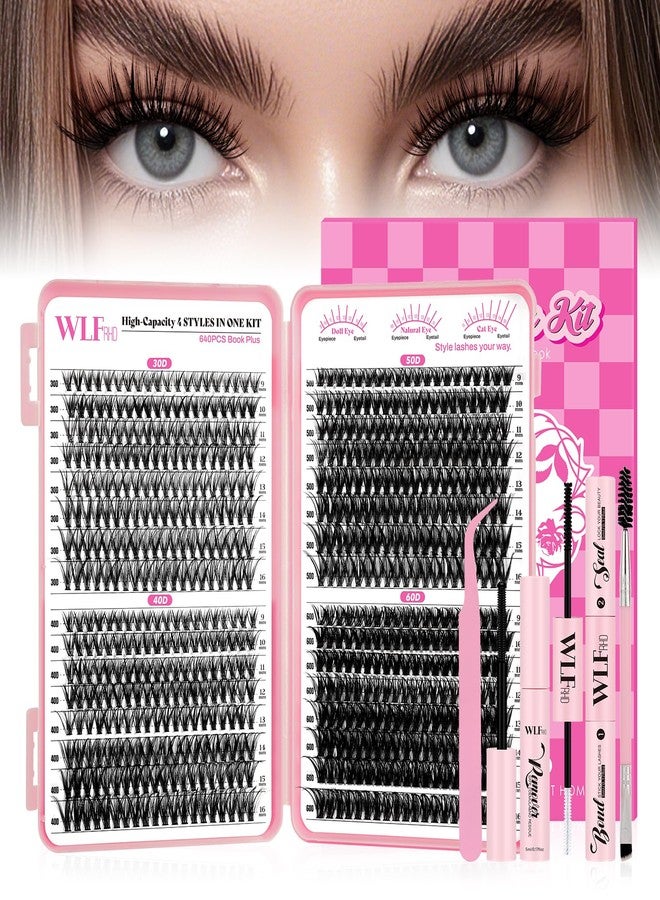 WLFRHD WLF Lash Clusters Kit 640 Pcs Lash Extension Kit Individual Lashes D Curl Clusters Eyelashes Extensions Kit with Lash Book Eyelash Bond and Seal Remover Tweezers Brush(Mix 9-16mm,30D+40D+50D+60D Kit) - Image 1