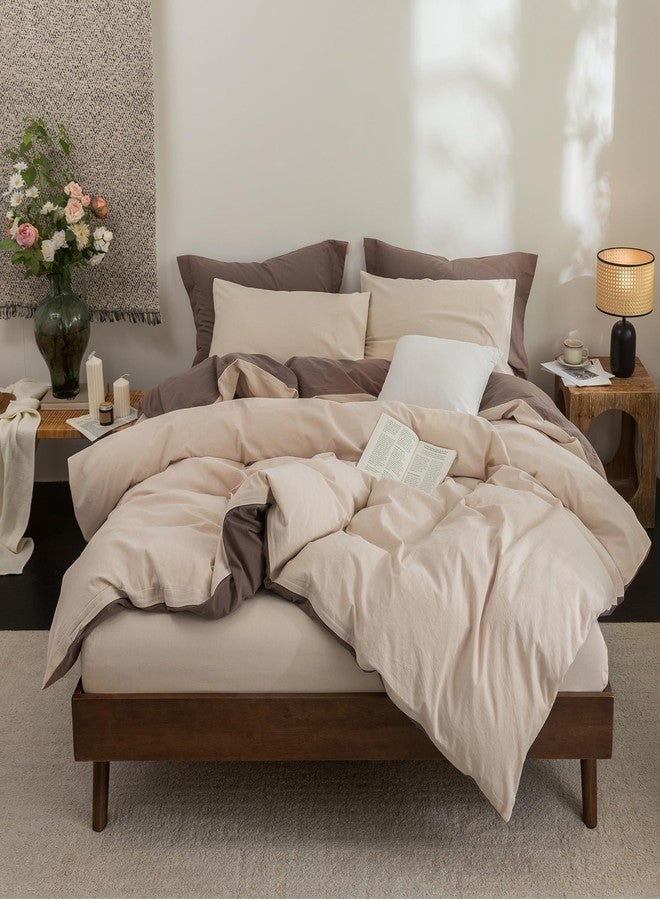 BDEAR INS Linen Feel Double Sided Reversible Duvet Cover King Size 104''W x 90''L, Oeko TEX Standard Cotton Duvet Cover with Zipper Closure Plus 2 Pillowcases, Light Chocolate Brown Plus Sandy Beige - Image 3