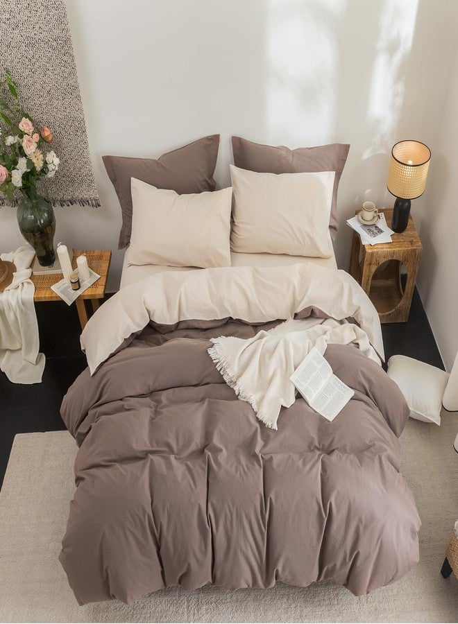 BDEAR INS Linen Feel Double Sided Reversible Duvet Cover King Size 104''W x 90''L, Oeko TEX Standard Cotton Duvet Cover with Zipper Closure Plus 2 Pillowcases, Light Chocolate Brown Plus Sandy Beige - Image 4