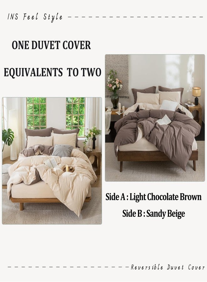 BDEAR INS Linen Feel Double Sided Reversible Duvet Cover King Size 104''W x 90''L, Oeko TEX Standard Cotton Duvet Cover with Zipper Closure Plus 2 Pillowcases, Light Chocolate Brown Plus Sandy Beige - Image 2