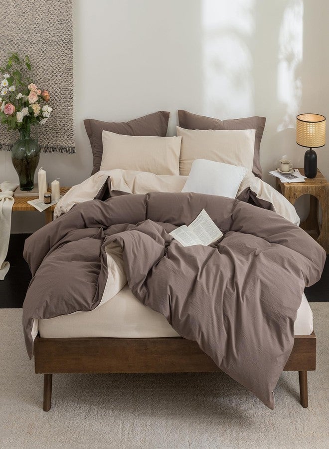BDEAR INS Linen Feel Double Sided Reversible Duvet Cover King Size 104''W x 90''L, Oeko TEX Standard Cotton Duvet Cover with Zipper Closure Plus 2 Pillowcases, Light Chocolate Brown Plus Sandy Beige - Image 5