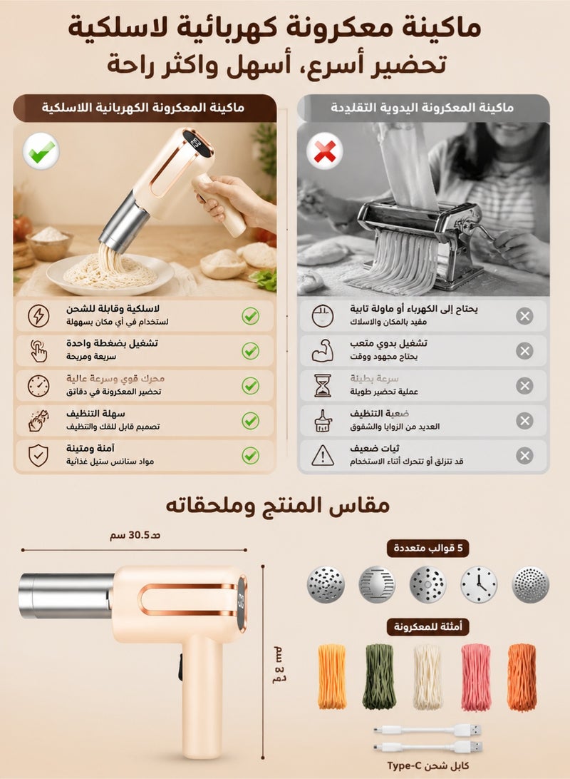 ميون ماكينة صنع المعكرونة الكهربائية 5 في 1 بدون سلك، آلة نودلز محمولة قابلة للشحن مع قوالب ستانلس ستيل لصنع السباغيتي والمعكرونة المنزلية بسهولة - Image 2