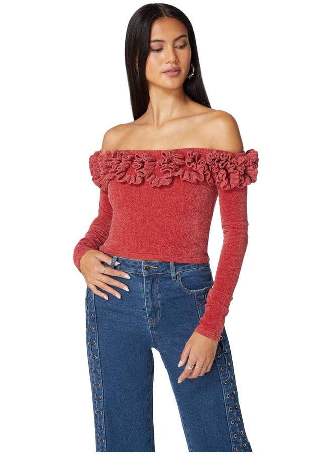 bebe Off Shoulder Ruffle Detail Sweater  - Image 1