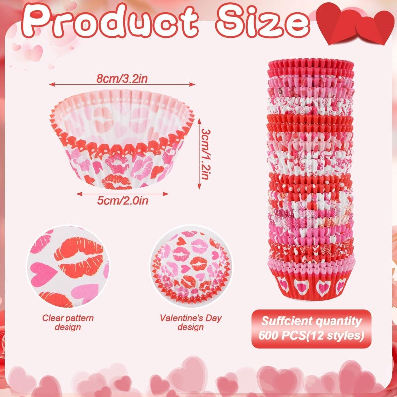 Qumenan 600 Pack Valentines Cupcake Liners Standard Muffin Cupcake Cups Cupcake Wrappers Paper for Wedding Party Decorations Supplies (12 Styles) - Image 2