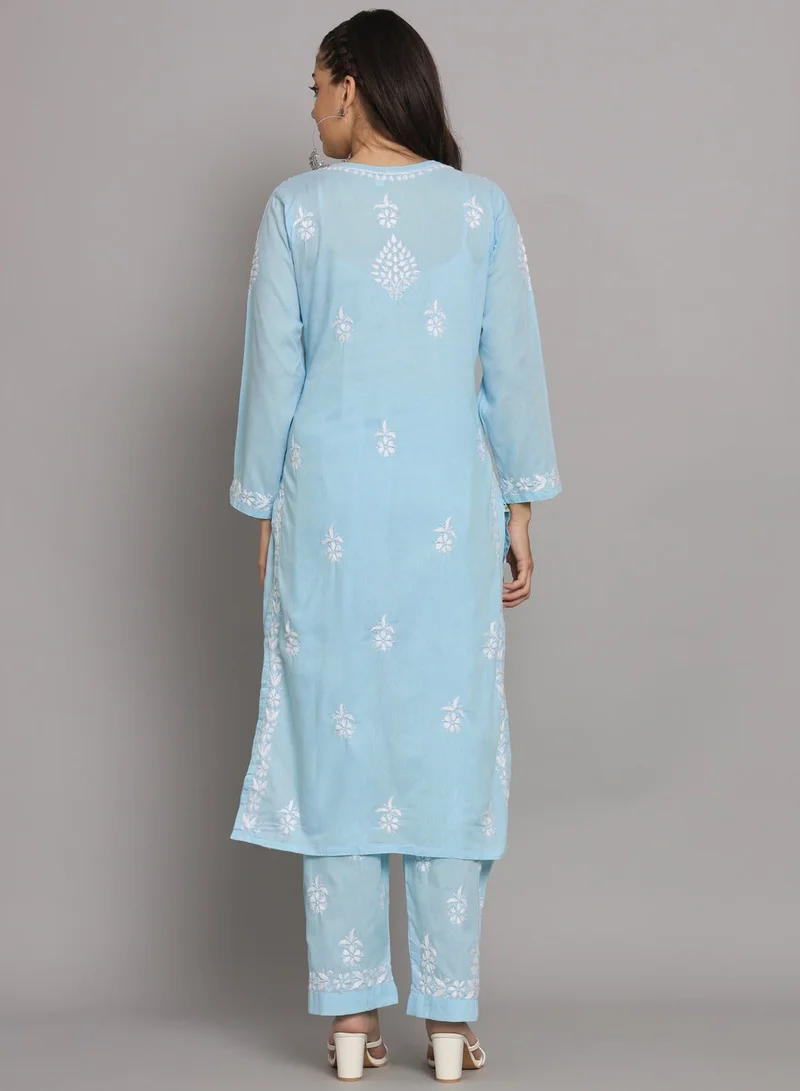 Alaya Blue Women Hand Embroidered Chikankari Cotton Kurta Set-AL3674KS for Women | Best Price UAE