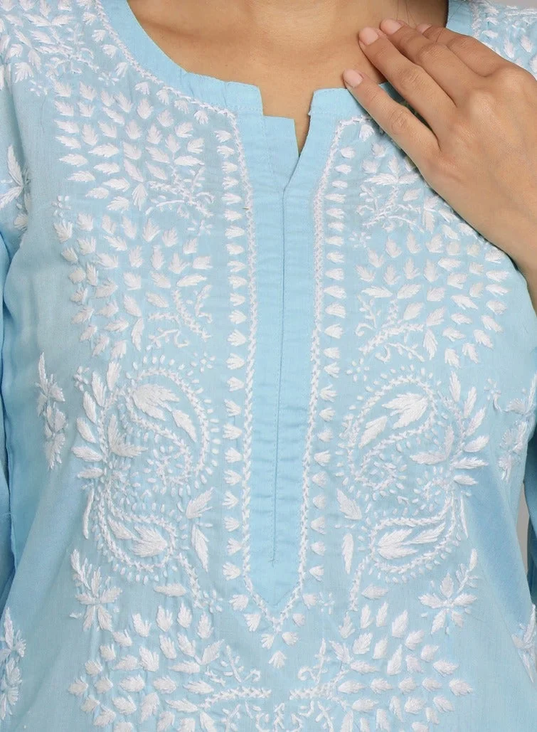 Alaya Blue Women Hand Embroidered Chikankari Cotton Kurta Set-AL3674KS for Women | Best Price UAE
