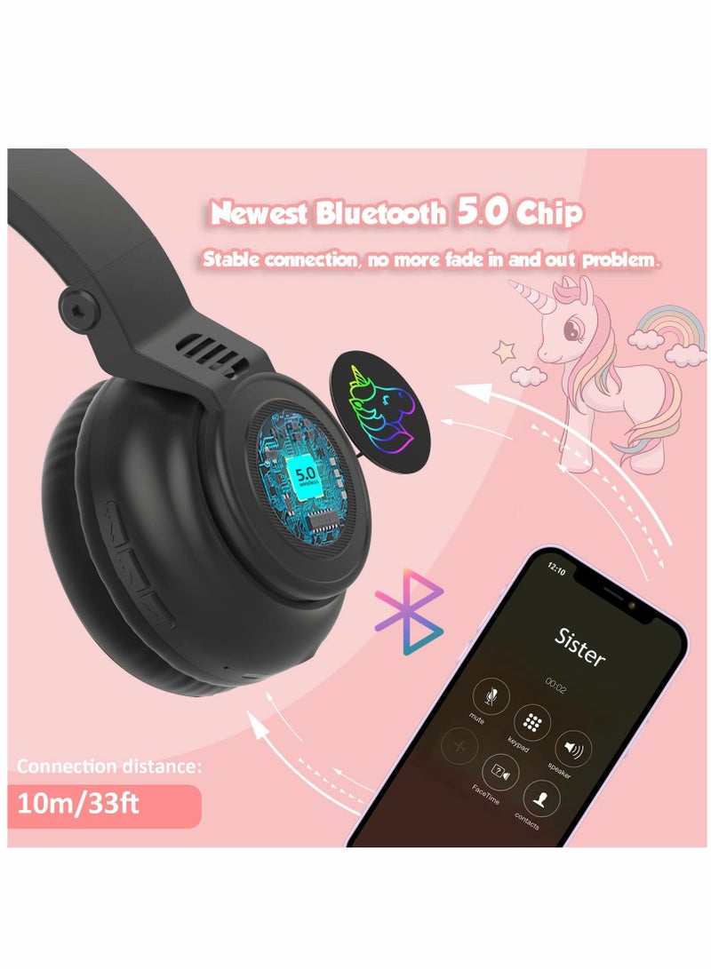 SYOSI Unicorn Headphones, Bluetooth Foldable Headphones Stereo with Microphone and Volume Control Light Up for PC/Cell Phones/TV/iPad, Boys Girls Kids (Black) - Image 3