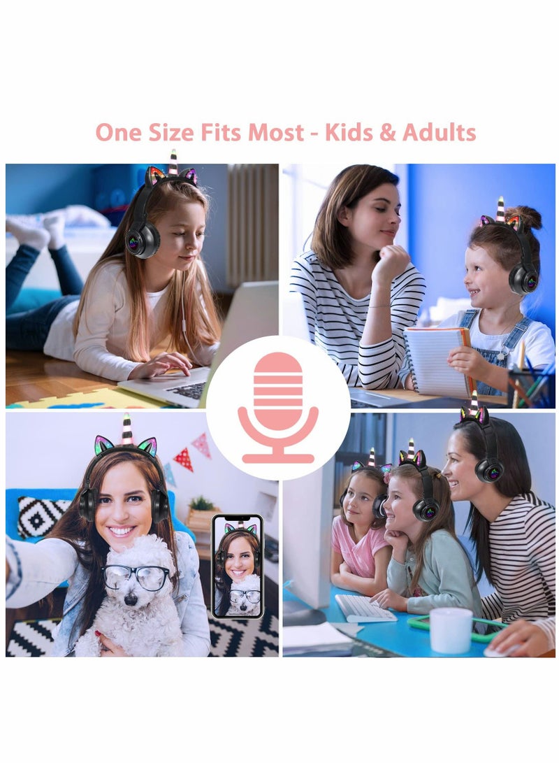 SYOSI Unicorn Headphones, Bluetooth Foldable Headphones Stereo with Microphone and Volume Control Light Up for PC/Cell Phones/TV/iPad, Boys Girls Kids (Black) - Image 4