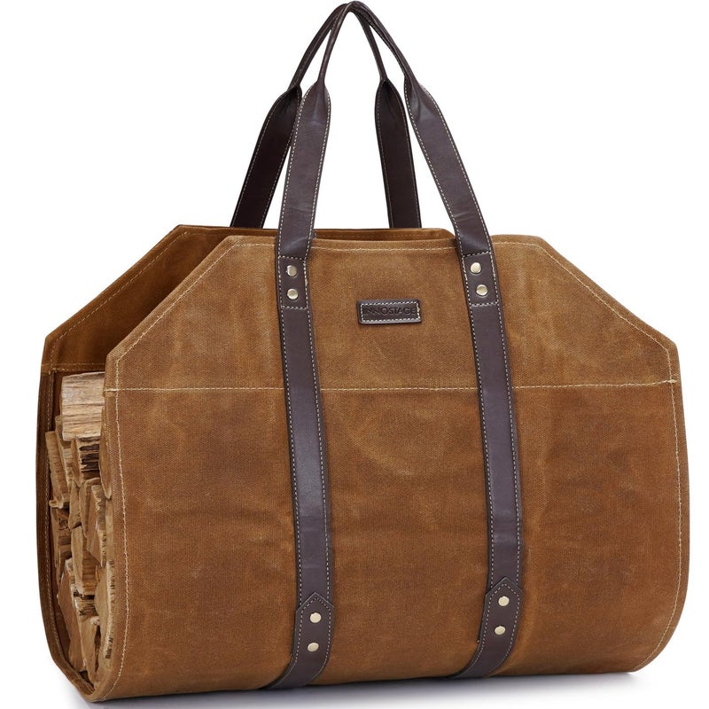 Canvas Firewood Log Carrier Bag Waxed Durable Wood Tote of Fireplace Stove Accessories Extra Large Hay Hauling with Handles for Outdoor CampingRust