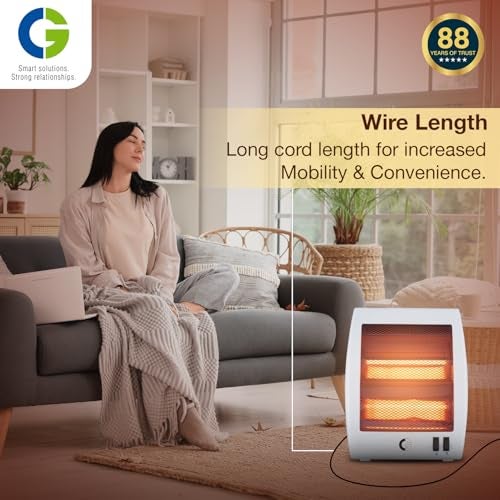 CG Norris 800W 2Q Quartz Room Heater | 2 Heat Settings | Tip Over Safety Switch | Noiseless Operation | Ideal for Rooms up to 150 sqft | White - Image 3