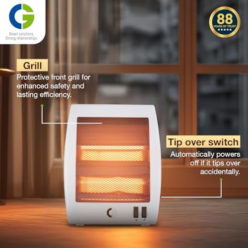 CG Norris 800W 2Q Quartz Room Heater | 2 Heat Settings | Tip Over Safety Switch | Noiseless Operation | Ideal for Rooms up to 150 sqft | White - Image 2