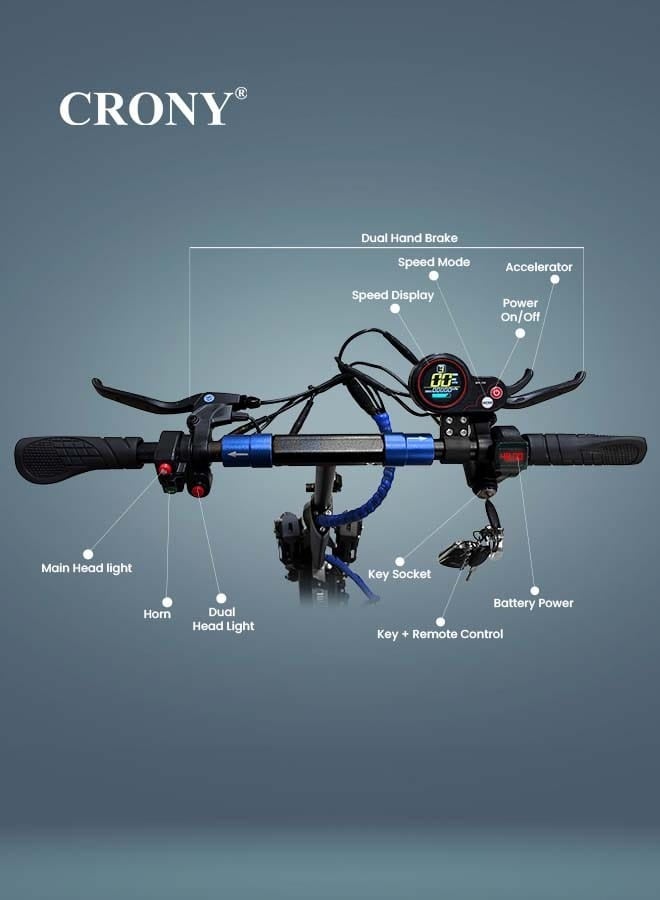 كروني ChatGPT said: سكوتر كهربائي CRONY V10 Pro سريع الأداء للكبار والأطفال، سكوتر كهربائي لجميع التضاريس والطرق الوعرة مزود بمحرك بقوة 1200 واط وهيكل من الألمنيوم، بسرعة تتراوح بين 20-40 كم/ساعة، يتحمل وزنًا أقصى يصل إلى 120 كجم، بتصميم مناسب للصحراء – اللون: أزرق. - Image 3