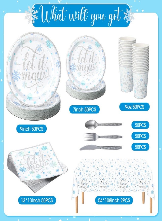 Singhoow 352 Pcs Snowflake Party Tableware Set Disposable Winter Frozen Birthday Party Wonderland Dinnerware Christmas Snowflake Tablecloth Plates Napkins Cups for 50 Guests(Silver) - Image 2