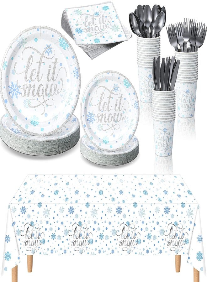 Singhoow 352 Pcs Snowflake Party Tableware Set Disposable Winter Frozen Birthday Party Wonderland Dinnerware Christmas Snowflake Tablecloth Plates Napkins Cups for 50 Guests(Silver) - Image 1