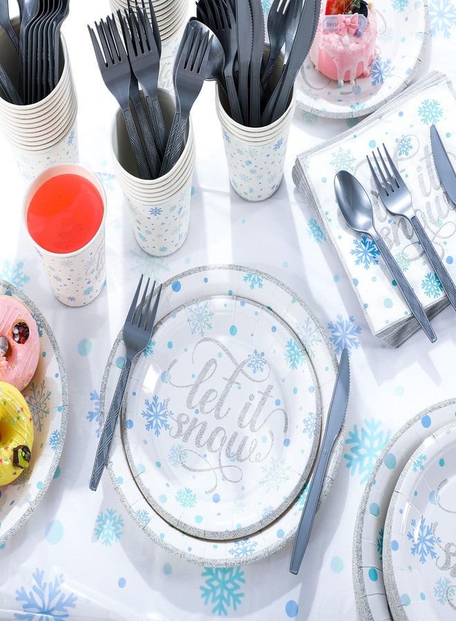 Singhoow 352 Pcs Snowflake Party Tableware Set Disposable Winter Frozen Birthday Party Wonderland Dinnerware Christmas Snowflake Tablecloth Plates Napkins Cups for 50 Guests(Silver) - Image 4