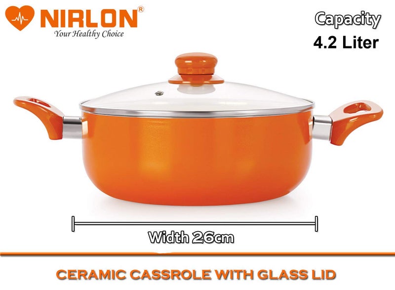 Nirlon Nirlon Non Stick Induction Casserole with Glass Lid, Orange - Image 2