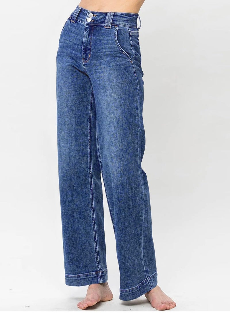 Astylish Womens Pull On Jeans High Waisted Wide Leg Baggy Trendy Jean for Women 2025 Fall Stretch Tummy Denim Pants with Slanted Pockets Ashleigh Blue Size 2 - Image 2