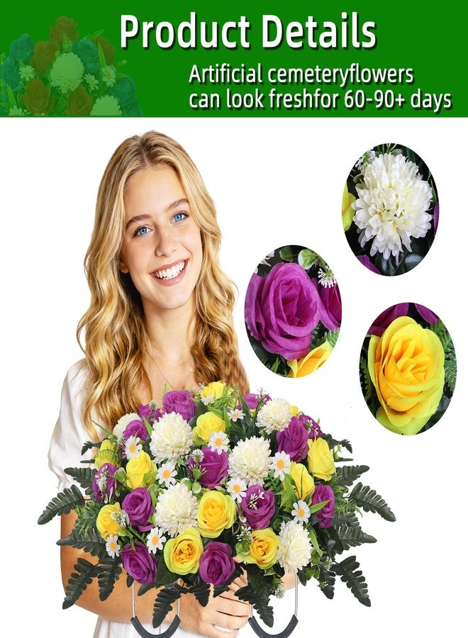 Wocst Headstone Flower Saddle,Large Artificial Cemetery Flowers for Grave Roses & Chrysanthemums Cemetery Memorial Flowers for Outdoor Grave Decorations (Purple) - Image 4