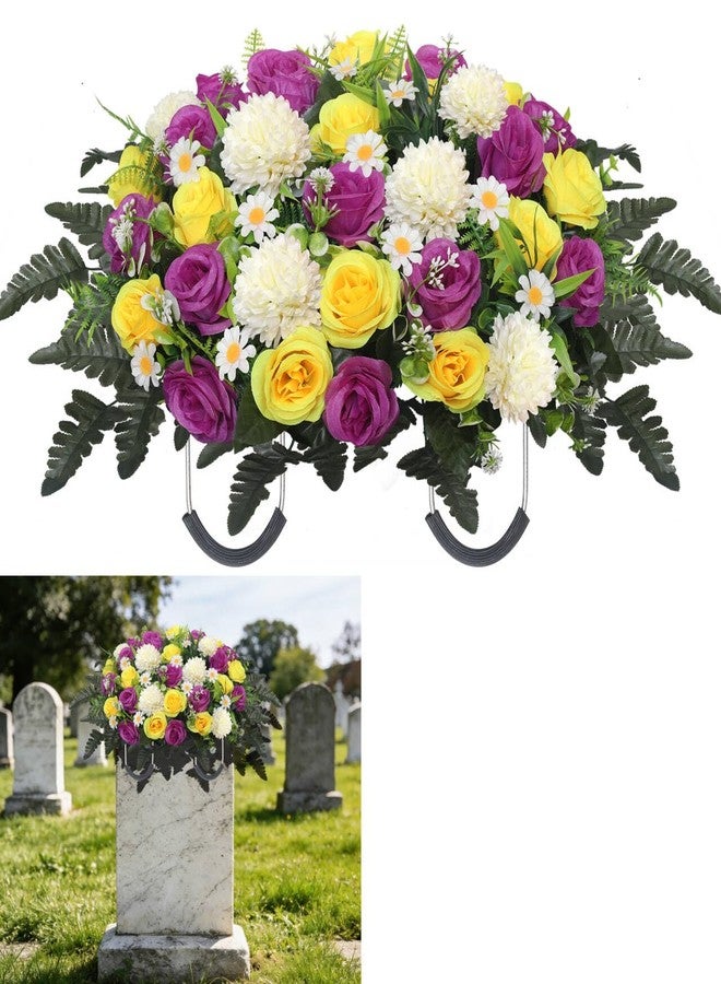 Wocst Headstone Flower Saddle,Large Artificial Cemetery Flowers for Grave Roses & Chrysanthemums Cemetery Memorial Flowers for Outdoor Grave Decorations (Purple) - Image 1
