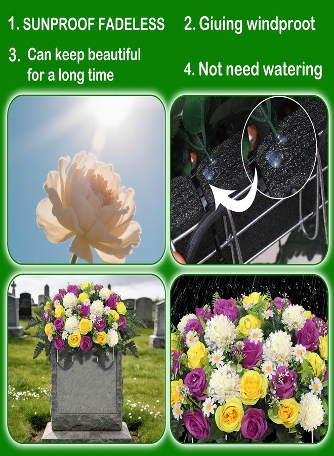 Wocst Headstone Flower Saddle,Large Artificial Cemetery Flowers for Grave Roses & Chrysanthemums Cemetery Memorial Flowers for Outdoor Grave Decorations (Purple) - Image 5