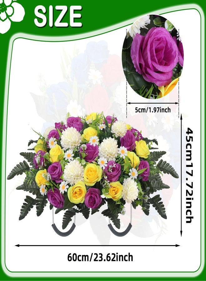 Wocst Headstone Flower Saddle,Large Artificial Cemetery Flowers for Grave Roses & Chrysanthemums Cemetery Memorial Flowers for Outdoor Grave Decorations (Purple) - Image 3
