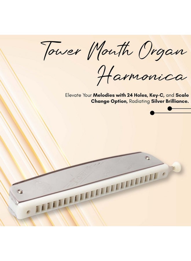 Tower Tower Mouth Organ Harmonica 24 Holes Key-C With Scale Change Option, Silver  - Image 2