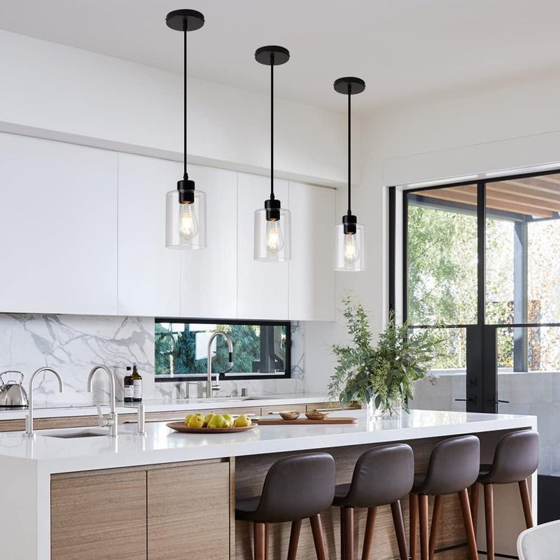 KLSS Modern Black Farmhouse Clear Glass Cylinder Pendant Light Fixture,Island Lights for Kitchen,Mini Pendant Lighting for Kitchen Island Decor - 4.75 Inch Shade, 2-58 Inch Cord(1 Pack) - Image 1