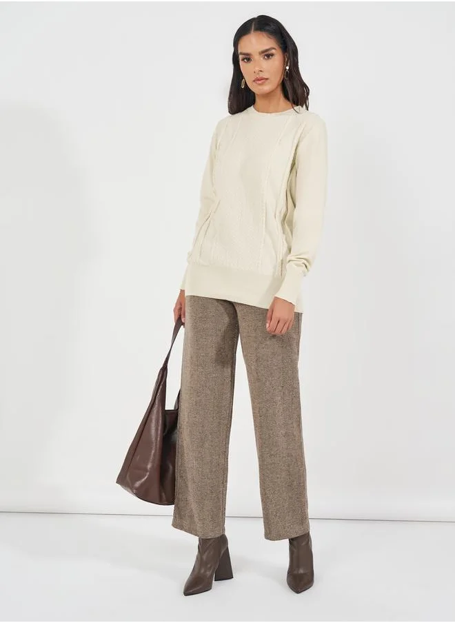 Styli Regular Fit Round Neck Cable Knit Sweater