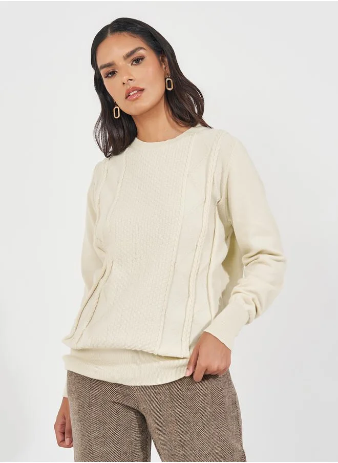 Styli Regular Fit Round Neck Cable Knit Sweater