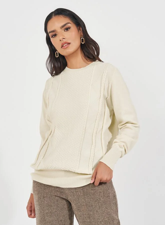 Regular Fit Round Neck Cable Knit Sweater