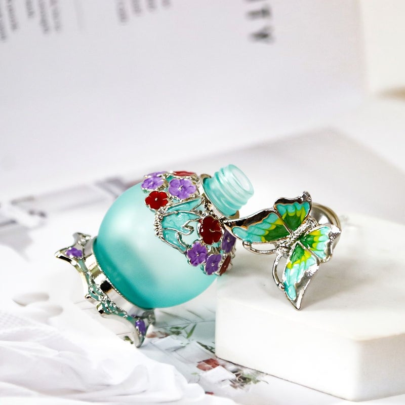 A 0.5oz 15ml Colored Glass Spherical Bottle With Painted Flowers And Butterflies Perfume Refillable Container Festival Travel Personal Care Essential For Elegant Ladies Home Dressing Table Accessory Golden Blue Perfume Not Included - Image 2