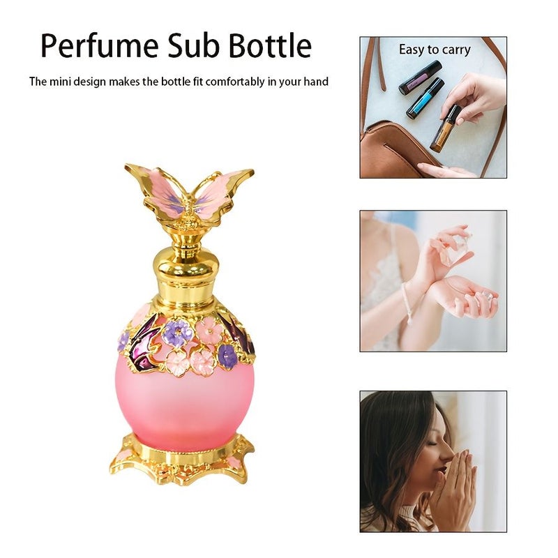 A 0.5oz 15ml Colored Glass Spherical Bottle With Painted Flowers And Butterflies Perfume Refillable Container Festival Travel Personal Care Essential For Elegant Ladies Home Dressing Table Accessory Golden Blue Perfume Not Included - Image 3