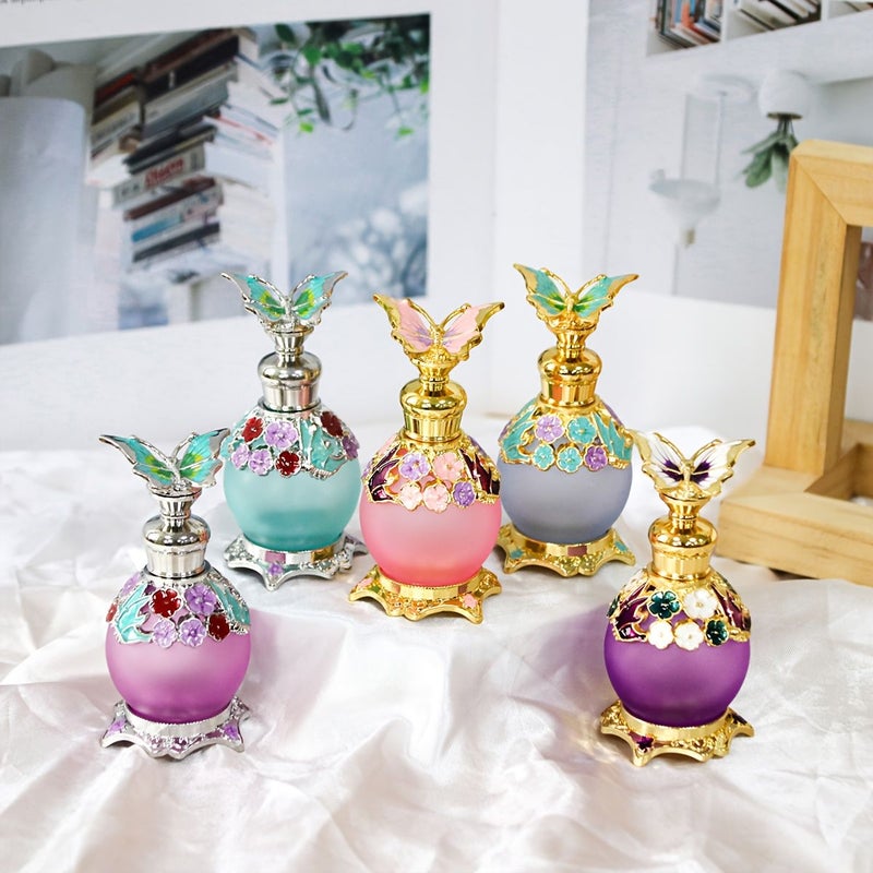 A 0.5oz 15ml Colored Glass Spherical Bottle With Painted Flowers And Butterflies Perfume Refillable Container Festival Travel Personal Care Essential For Elegant Ladies Home Dressing Table Accessory Golden Blue Perfume Not Included - Image 1