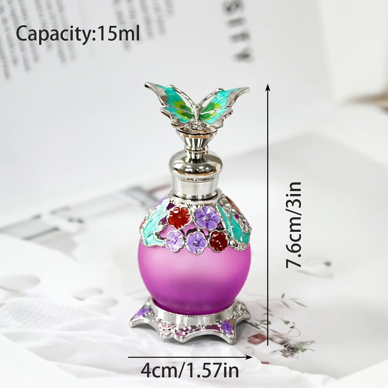 A 0.5oz 15ml Colored Glass Spherical Bottle With Painted Flowers And Butterflies Perfume Refillable Container Festival Travel Personal Care Essential For Elegant Ladies Home Dressing Table Accessory Golden Blue Perfume Not Included - Image 4
