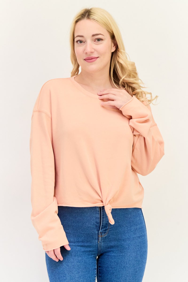 Aerie سويت شيرت نسائي بياقة دائرية بتفاصيل ربط أمامية، كورال - Image 1