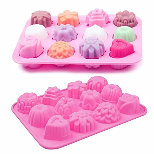 Oligitdi Silicone 12-Cavity Flower Mixed Cupcake Baking Muffin Mould - Pink - Image 1